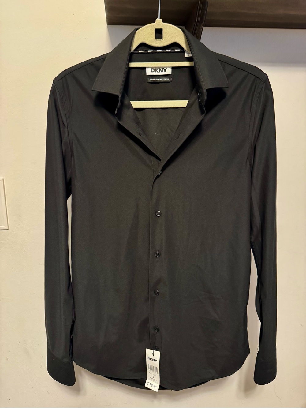 NWT DKNY Men’s Black Long Sleeve Slim Dress Shirt 8 way stretch